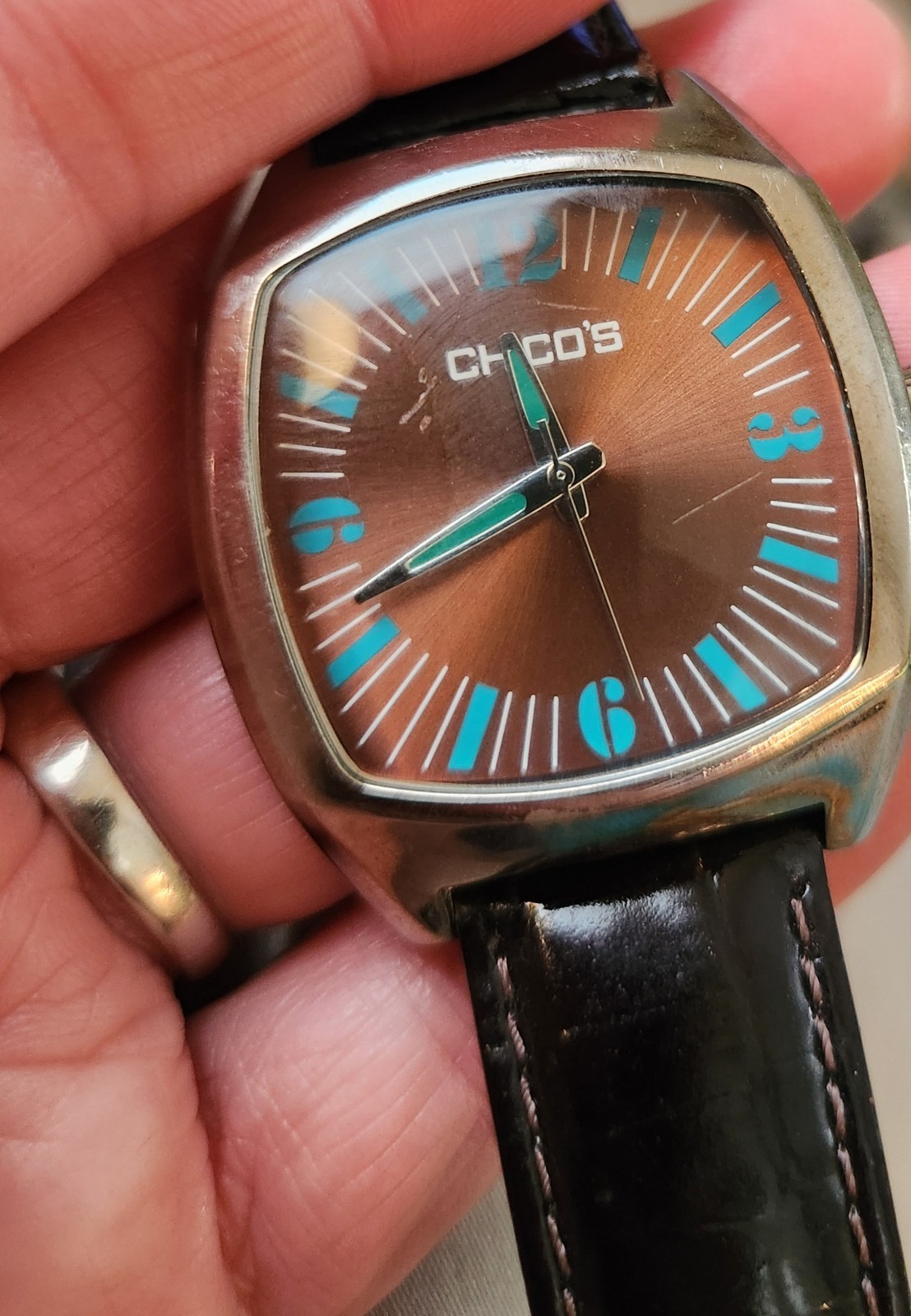 Men’s / Women’s Blue Brown Square Chico’s Watch Black Faux Leather Silver Case