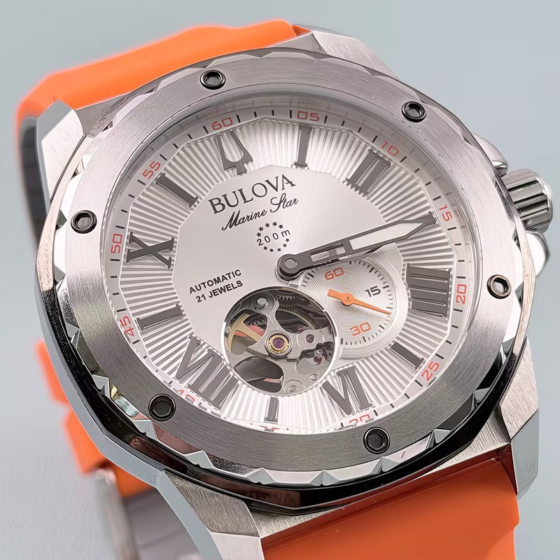 Bulova Marine Star 98A226 Automatic Men’s Watch White Dial Orange Silicone Strap