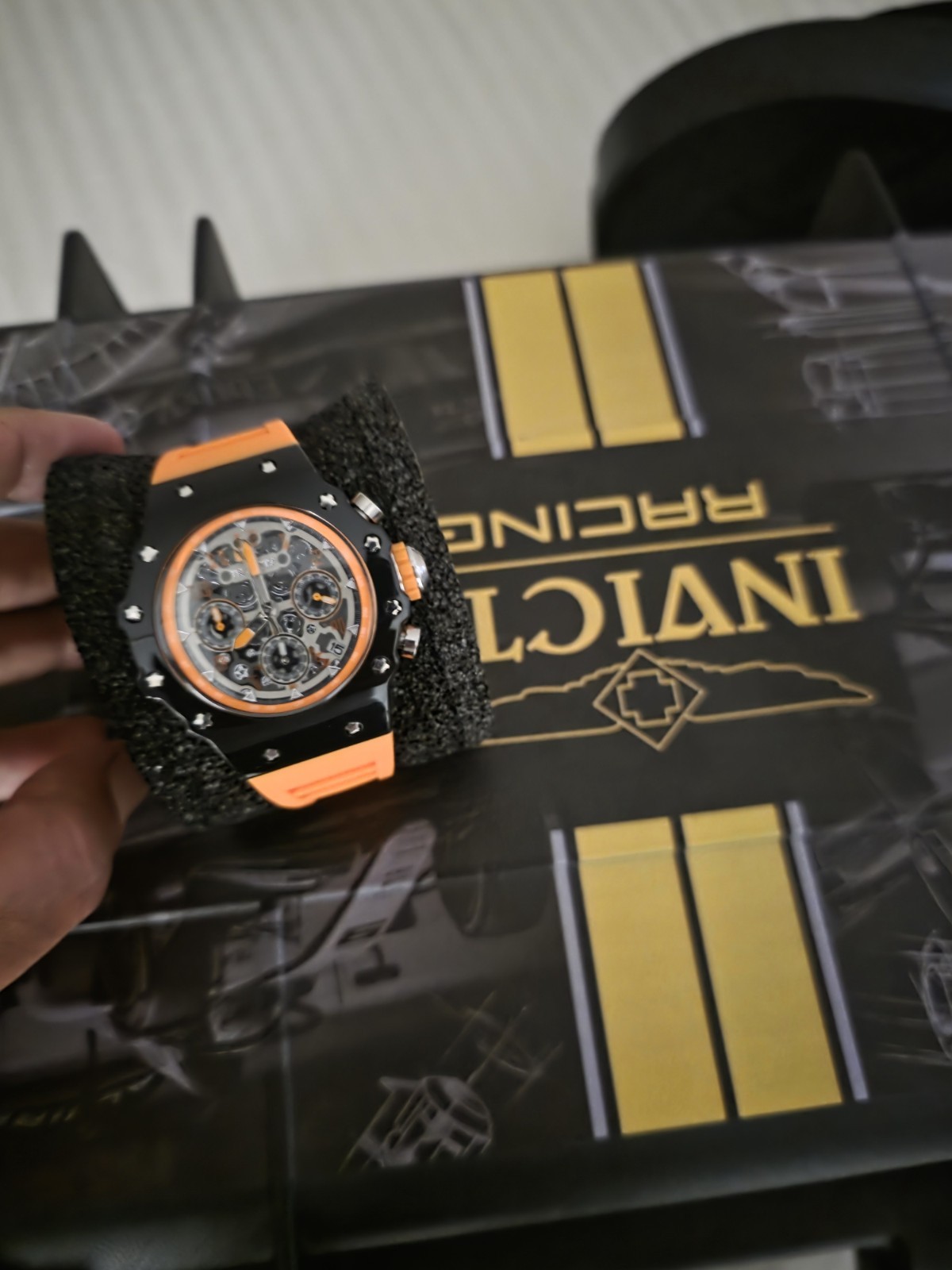 Invicta Racing Men’s Chronograph Quartz 44mm Black Case Orange Strap 100m