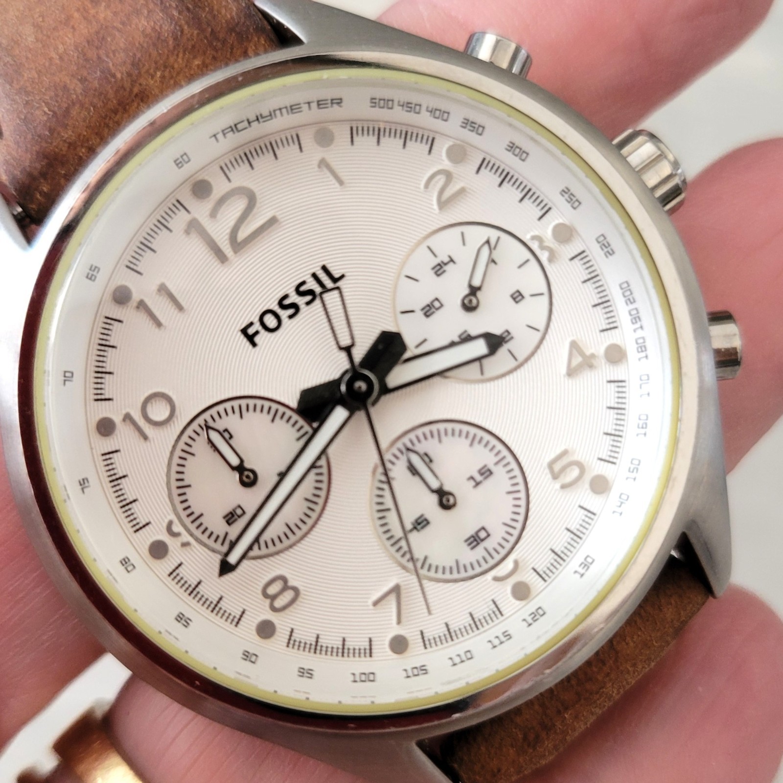 Fossil Flight Chronograph Watch White Dial Brown Leather Band Mens / Unisex EUC