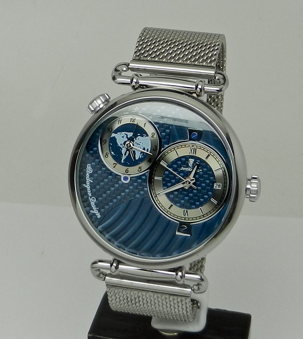Men’s Dual Time 44mm Textured Blue Date Dial Stainless Steel Mesh Strap Watch