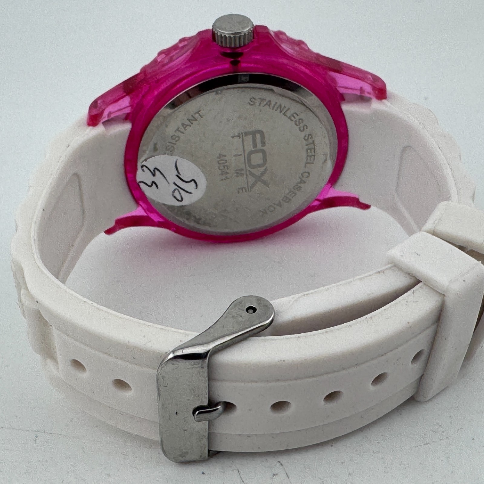 Fox Quartz Watch Women 50m Pink White Plastic Rotating Bezel Rubber New Battery