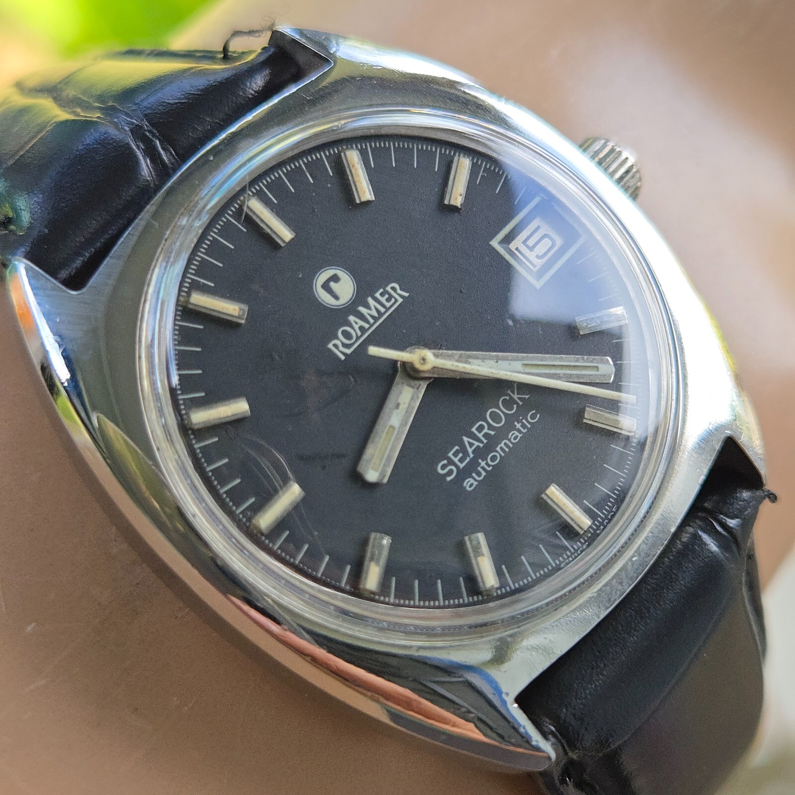 Vintage ROAMER SEAROCK men’s automatic watch MAT 471 28Jewels black dial 1960s