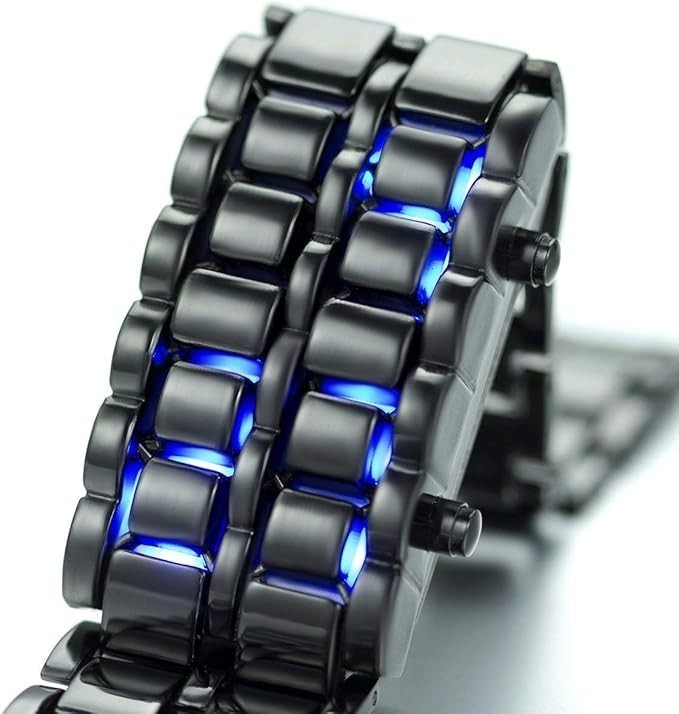 LED Digital Watch, Black & Blue Stainless Steel Lava Style, Samurai Bracelet