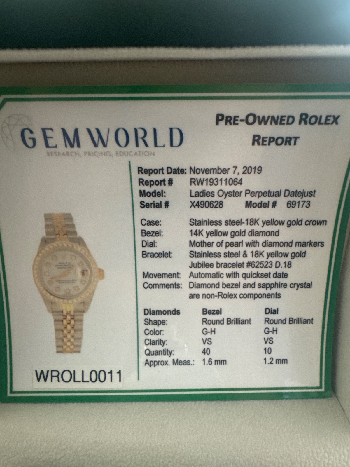 Ladies Rolex Oyster Perpetual Date 69173 Mother of Pearl Diamond Dial Watch LW-3