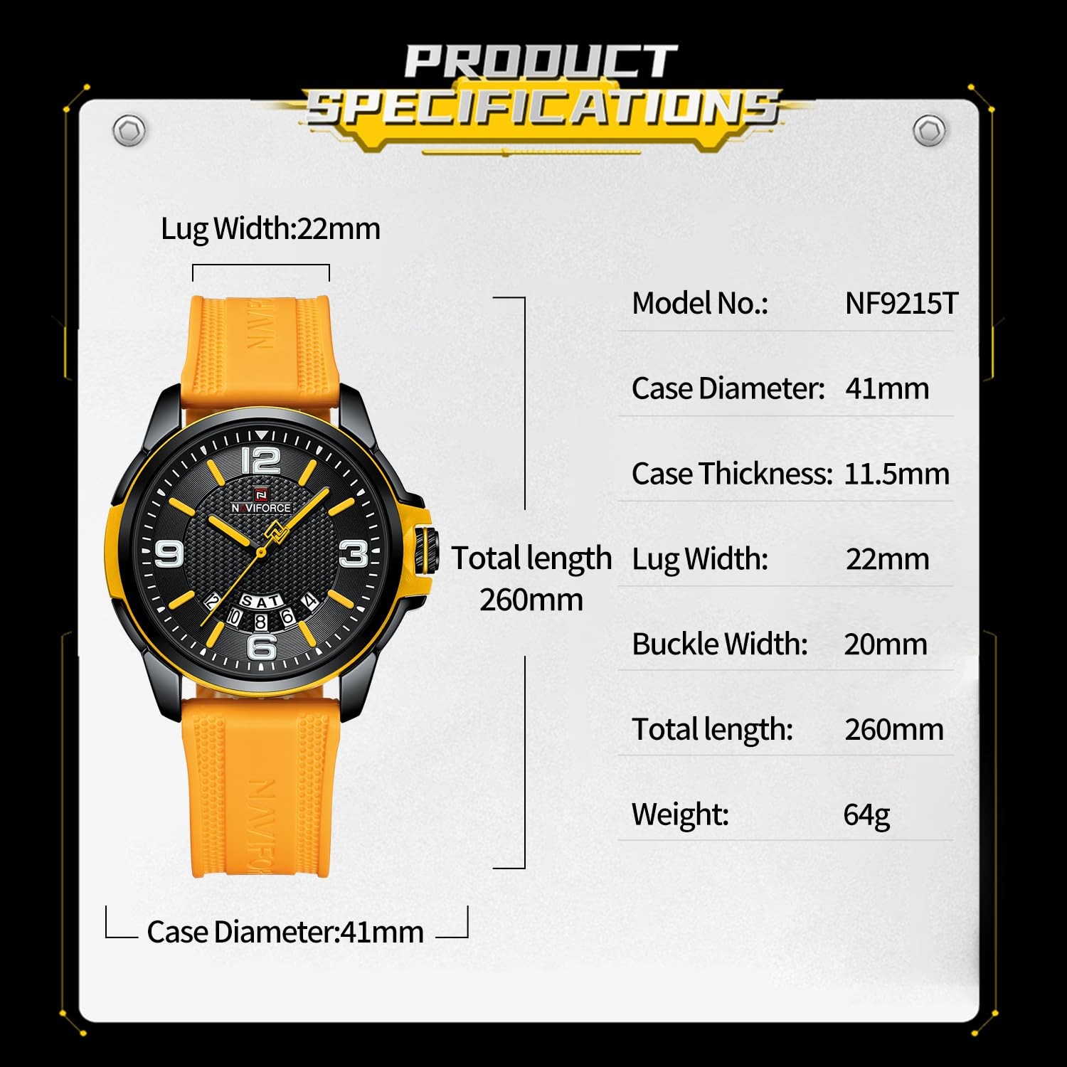 NAVIFORCE Waterproof Watch for Men Women, Analog Auto Date Yellow+Black