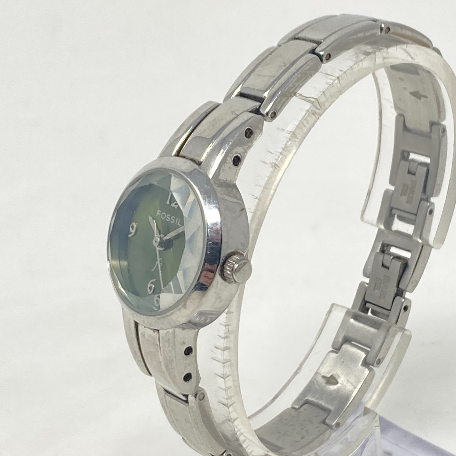 Fossil F2 Womens Watch 22mm Silver Tone Green Dial Faceted WR New Battery 6.25″