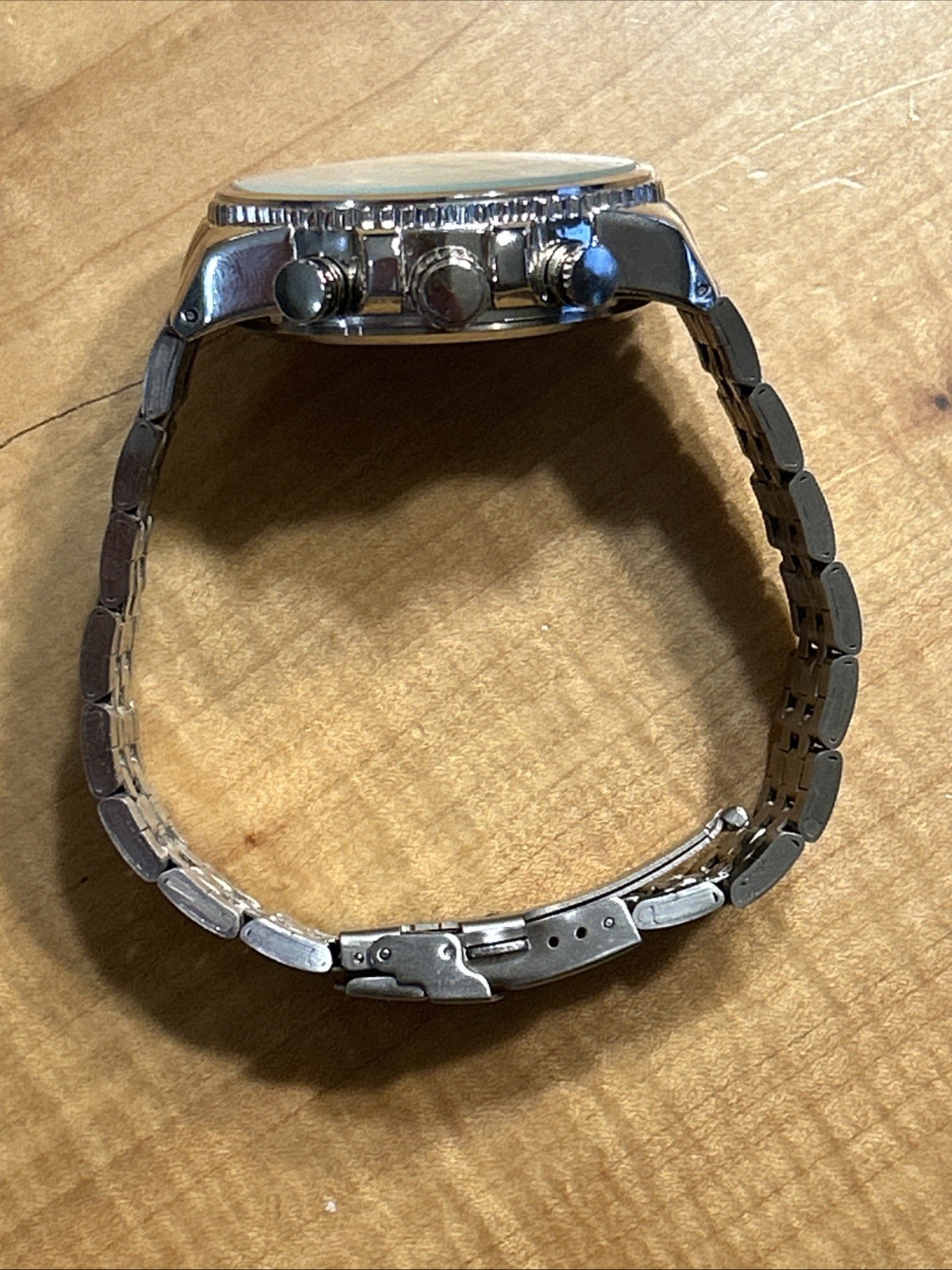 Men’s Silver/Blue/White Tachymeter Chronograph Folding Clasp Watch Needs Battery