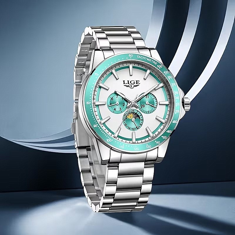 LIGE Men’s Silver Aqua Quartz Watch Stainless Steel Date Day Subdial