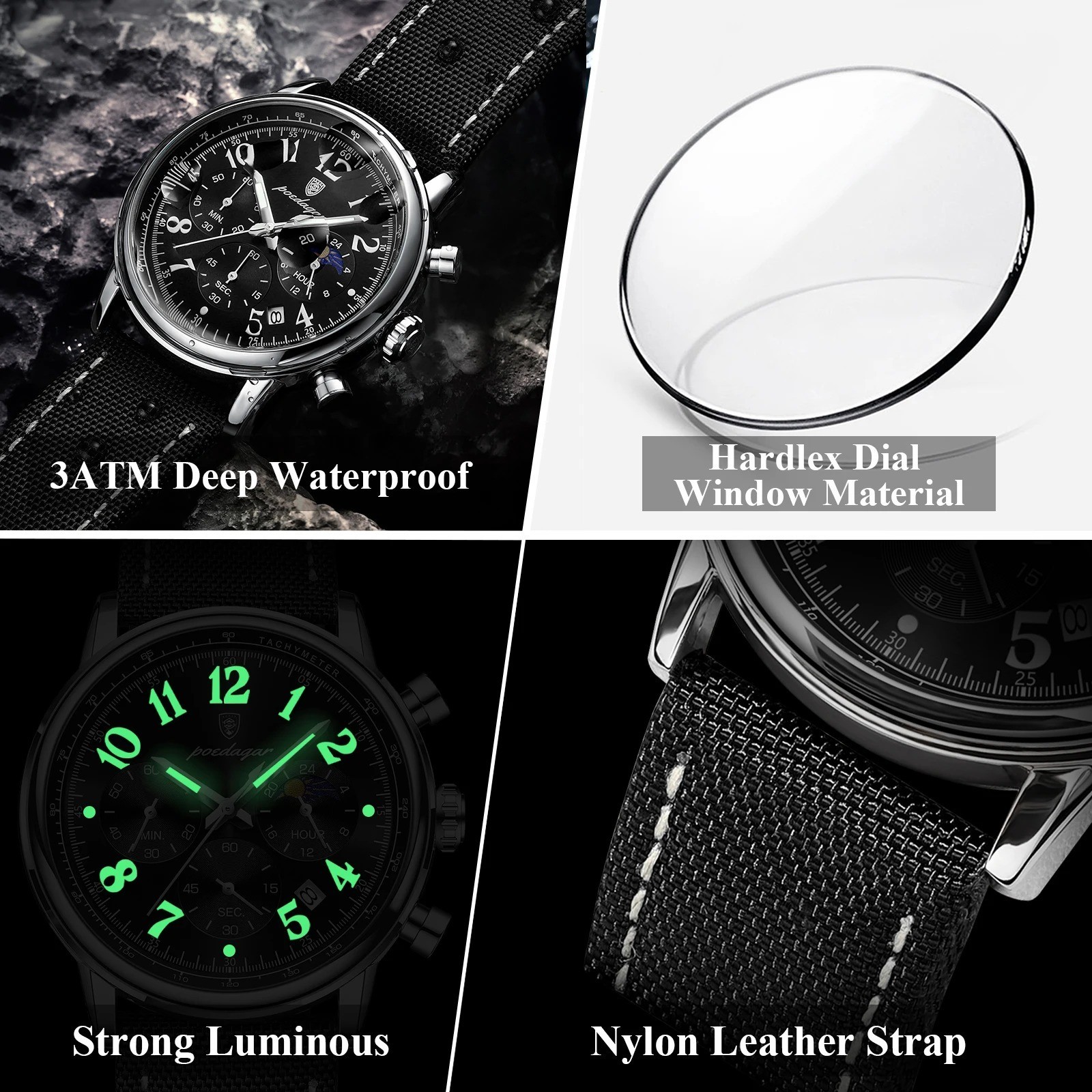 POEDAGAR Luxury Sports Military Men Watch Waterproof Luminous Chronograph Nylon