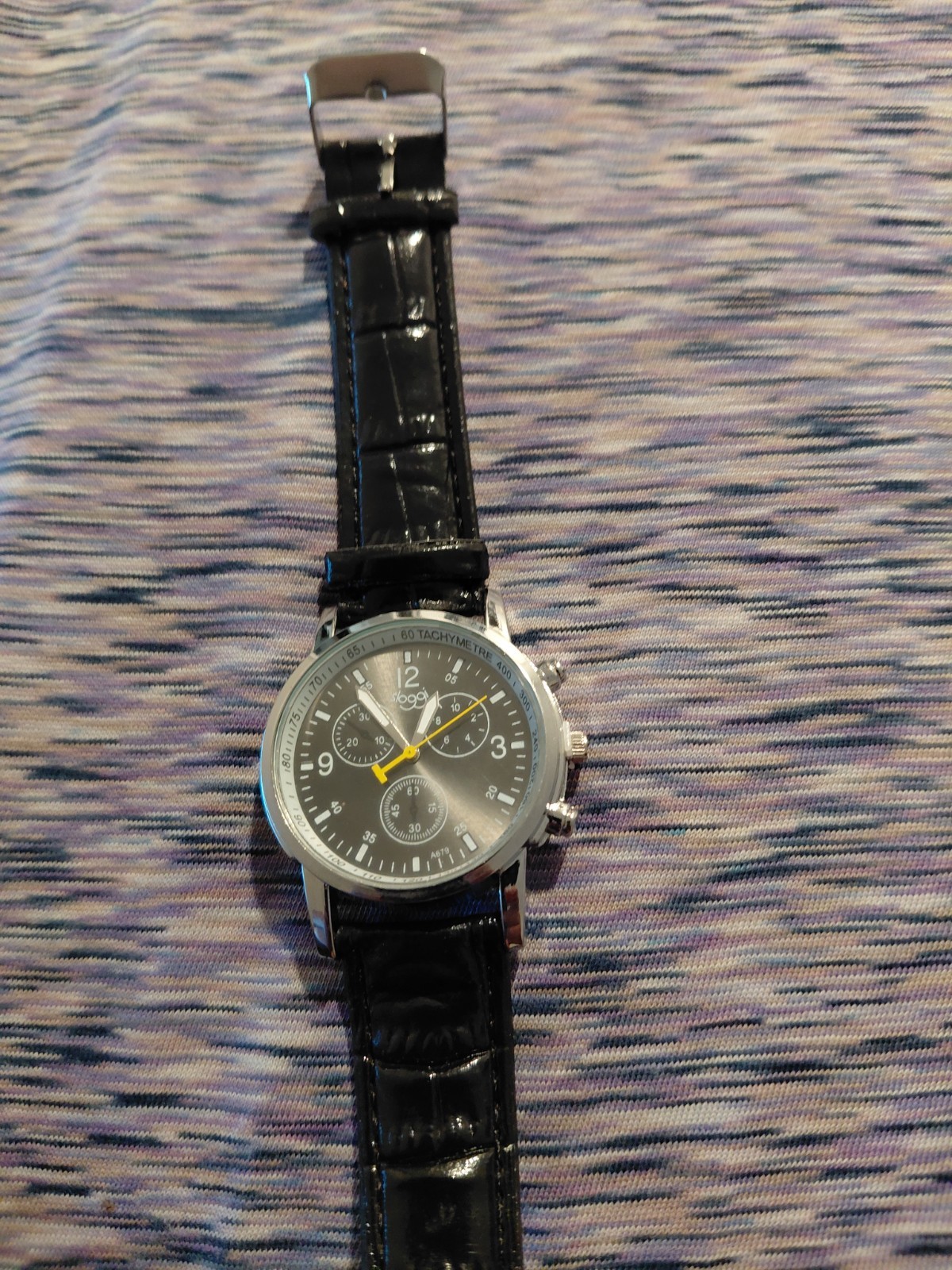sloggi Chronograph Tachymeter Quartz Watch Black Dial Leather Strap Silver Case