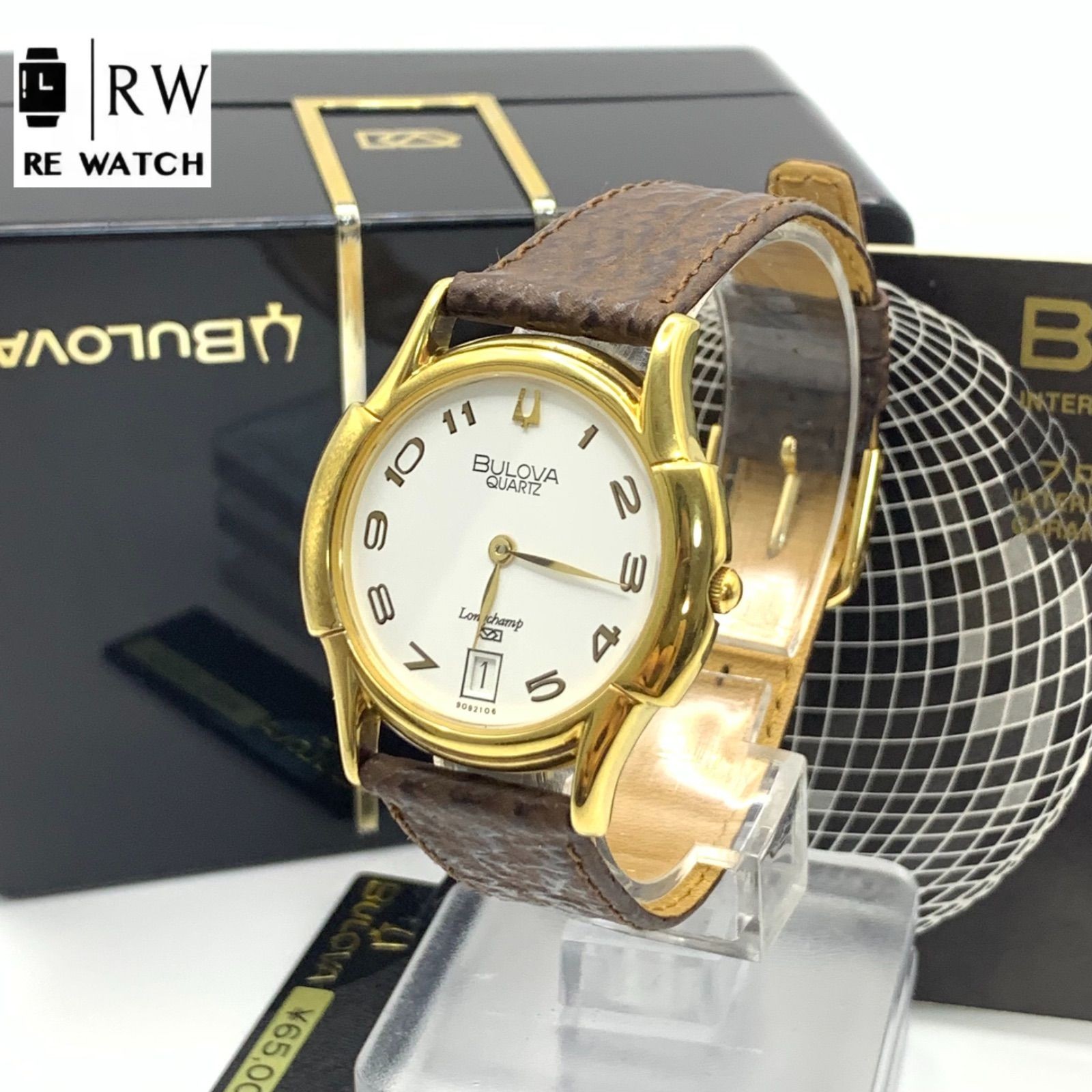 Used Bulova Longchamp 9092106 Quartz Wristwatch Gold Brown