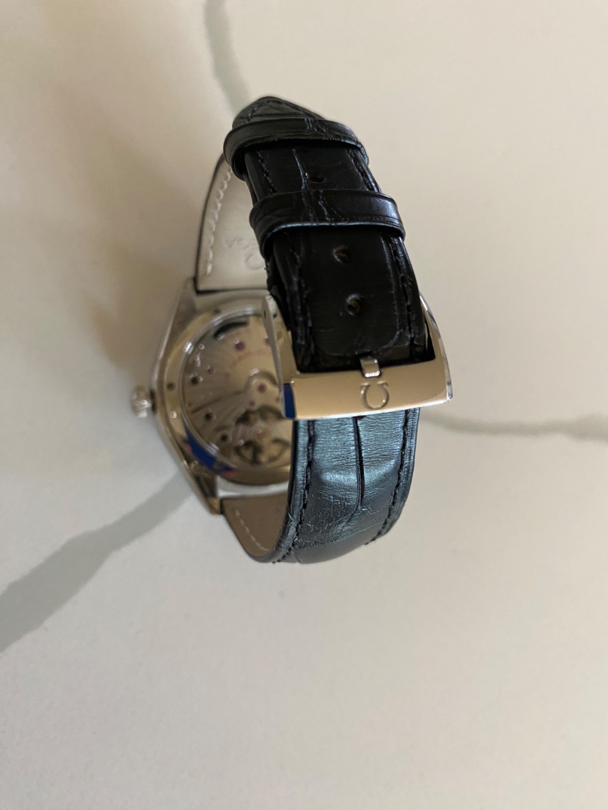 Omega De Ville Tresor 40 mm watch, steel case with black leather strap