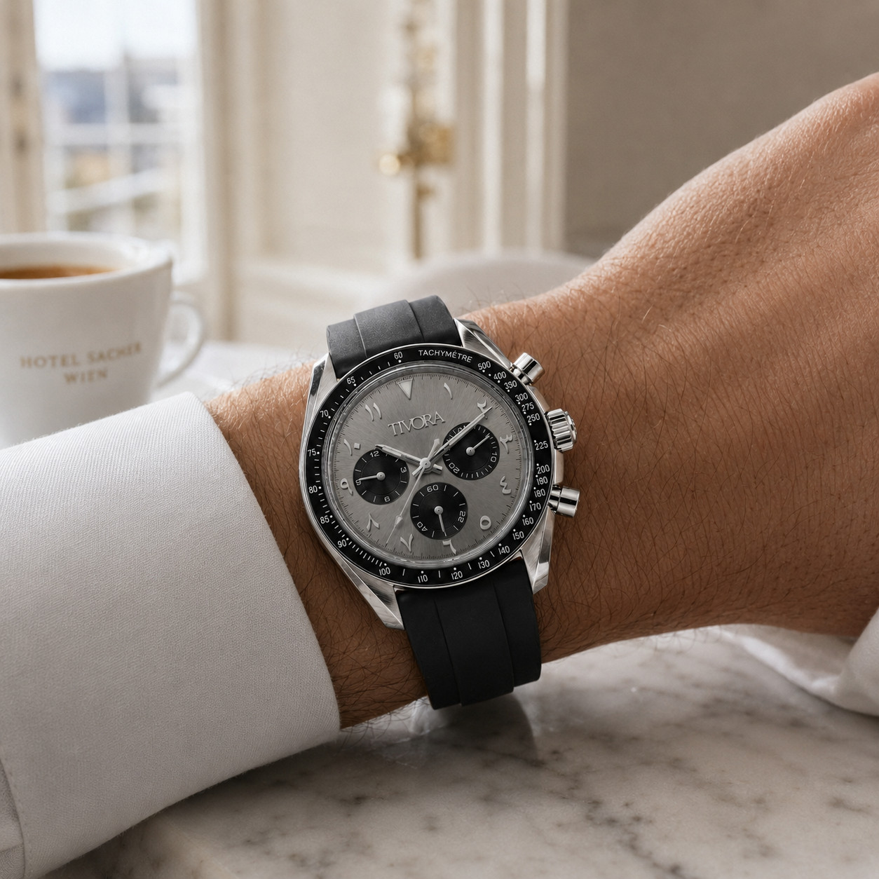 TÍVORÁ Veyron Argent Steel Grey Arabic Dial – Custom Branded Chronograph Watch