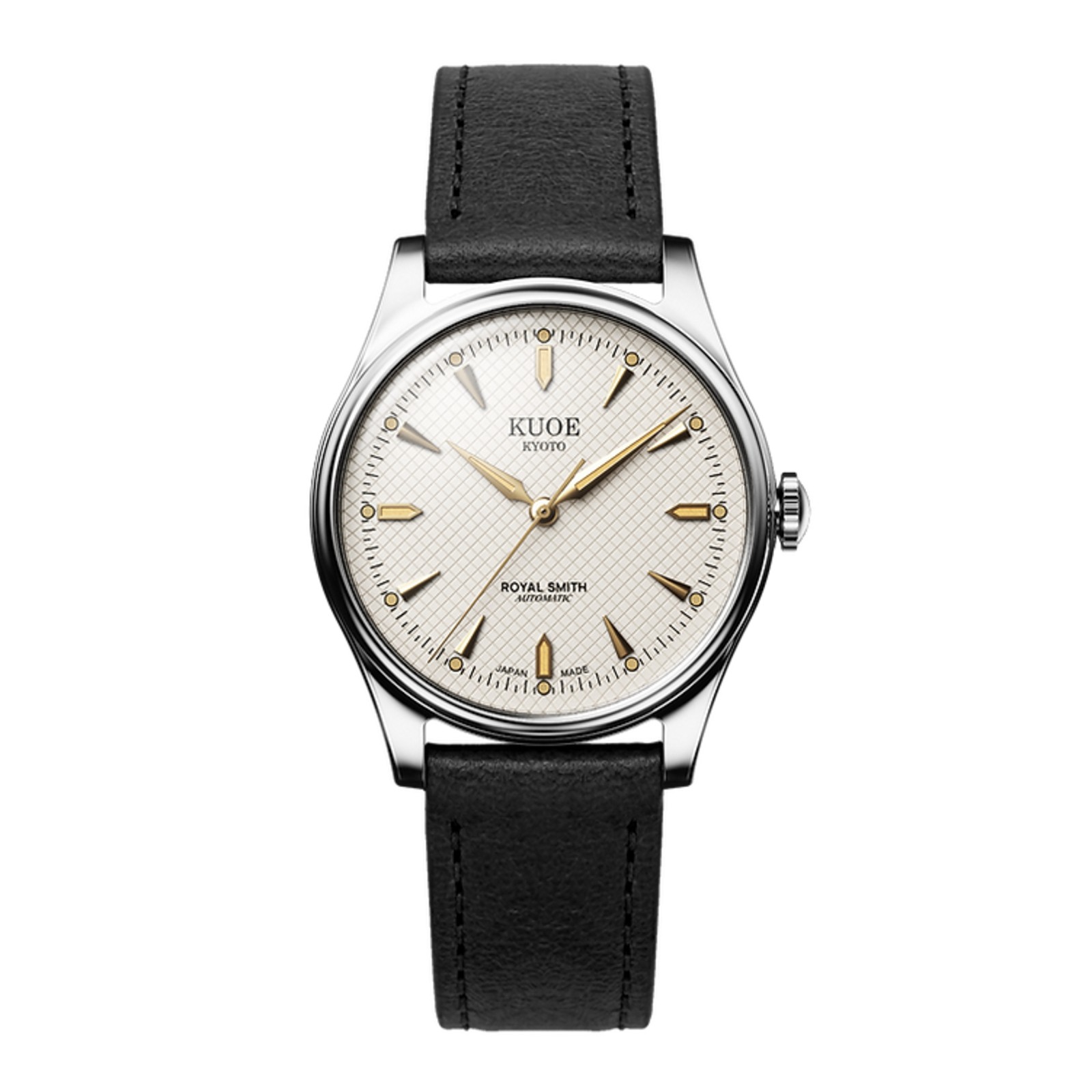 Kuoe Royal Smith 90-006 Automatic Silver Watch Men Ivory Waffle Dial Black Strap