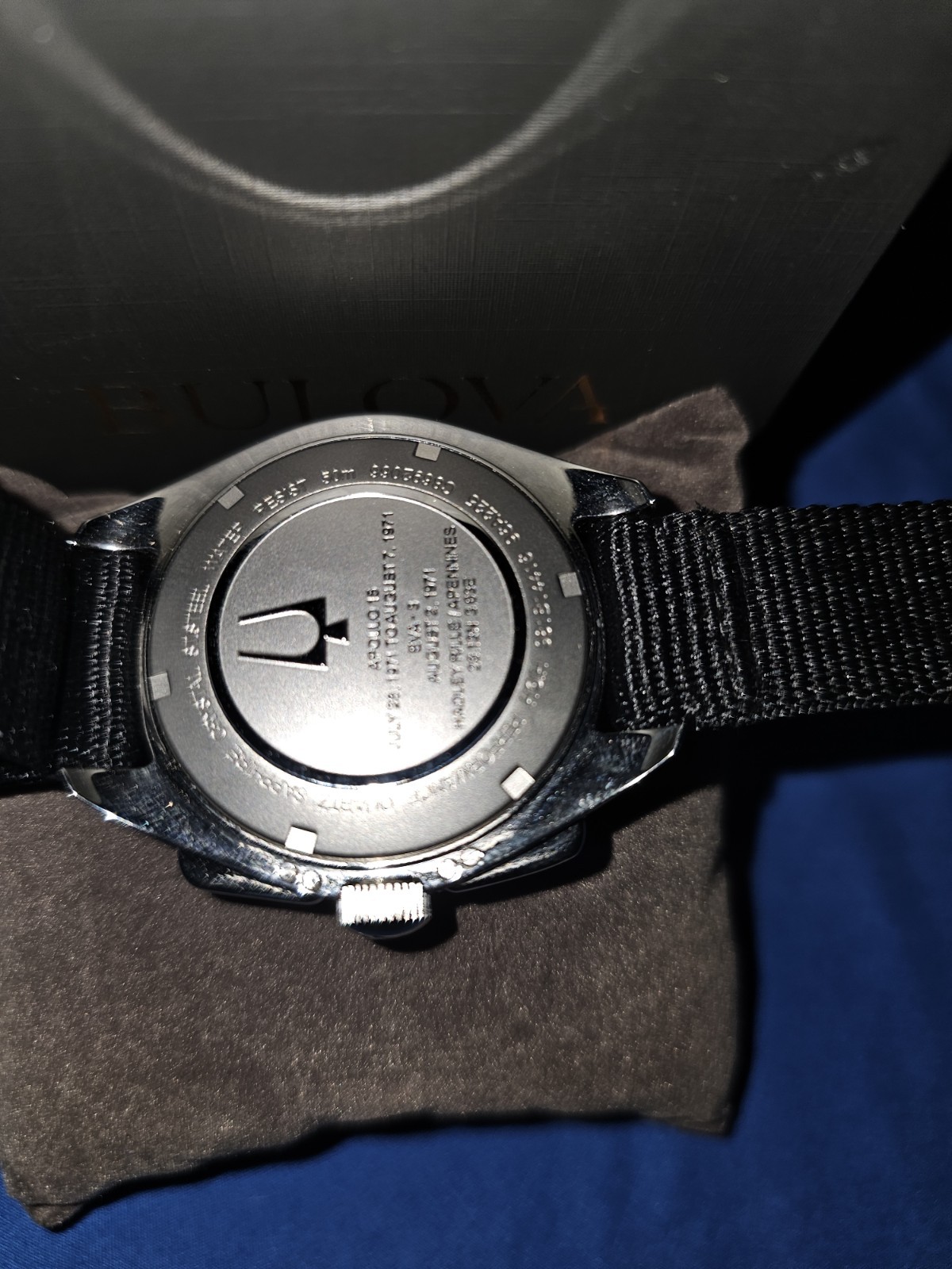 Bulova Lunar Pilot Quartz Chronograph Tachymeter Black Dial NATO Strap Box