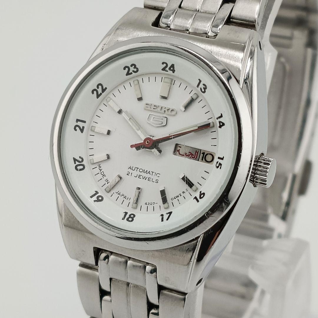 Seiko 5 Ladies Automatic Watch White Dial Arabic English Day Date 25mm