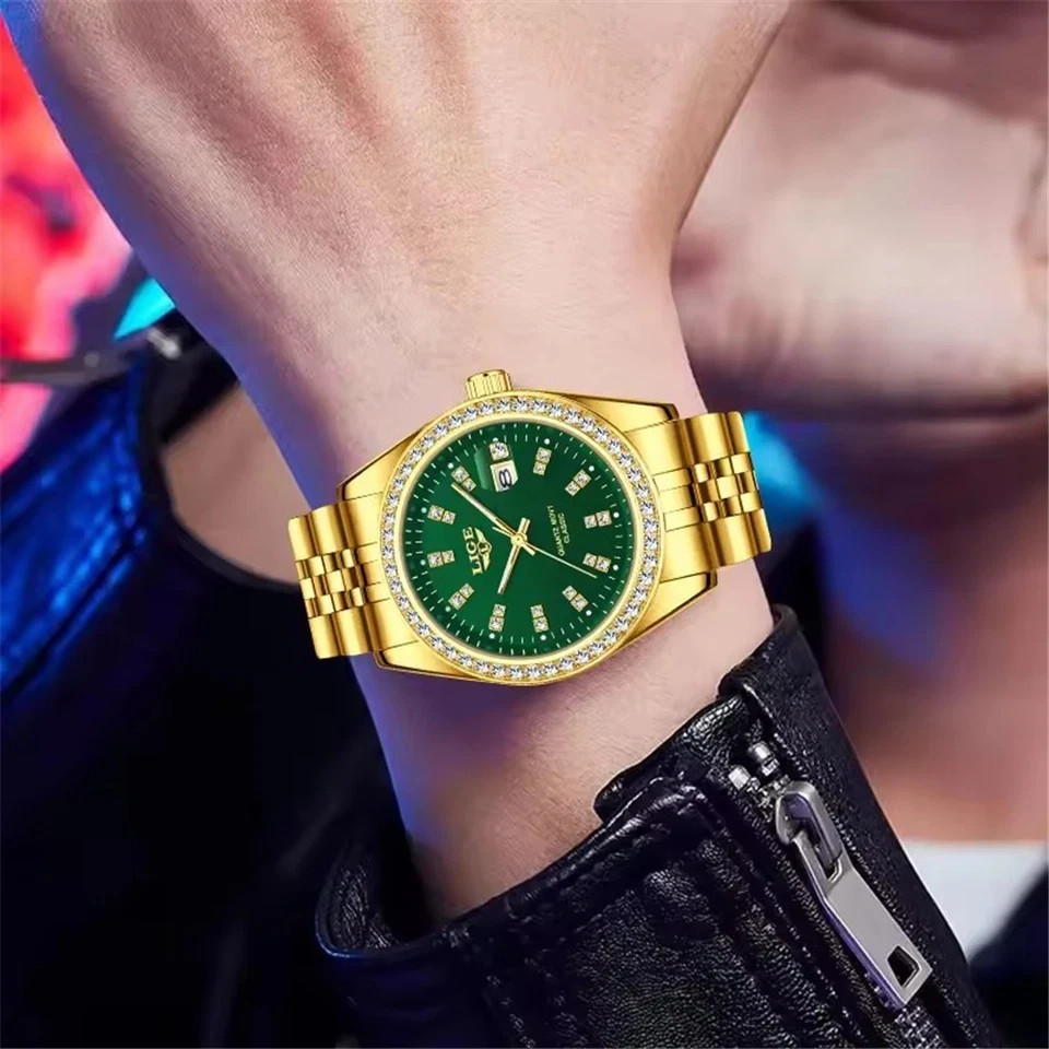 LIGE Men Quartz Watch Full Gold Steel Wristwatch Male Business with Date Watches