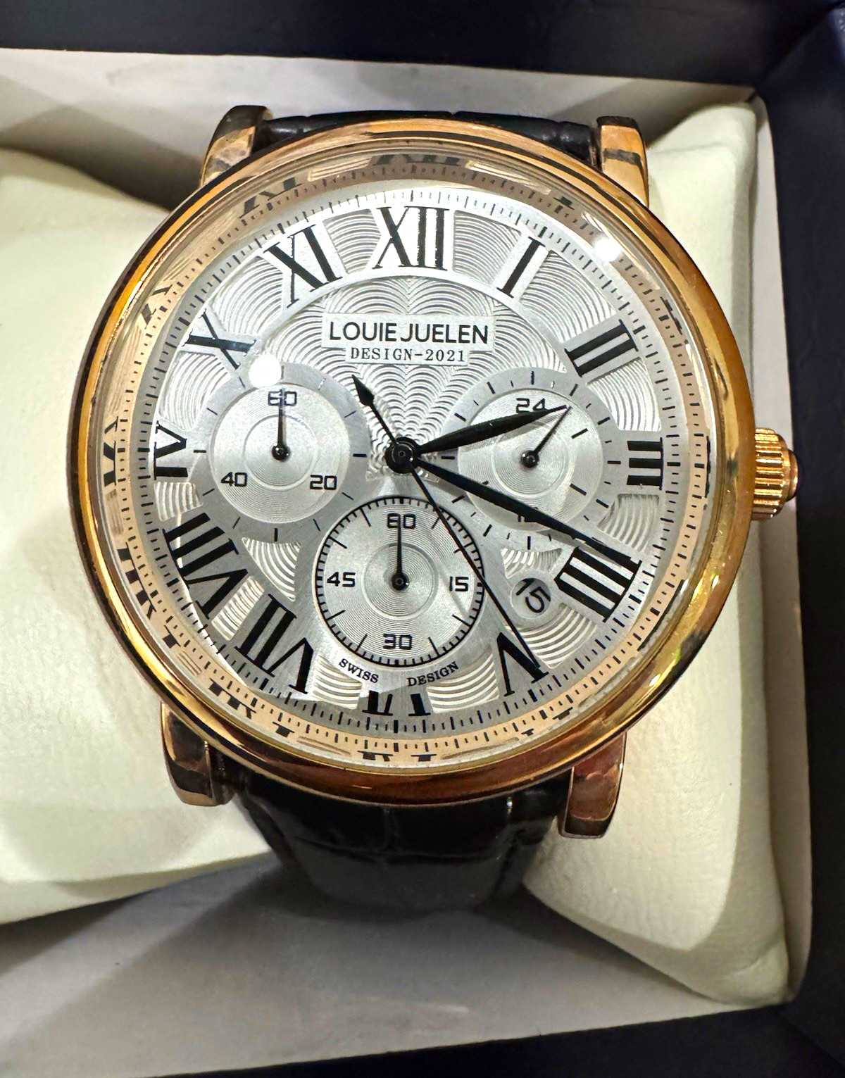 Louie Juelen Quartz 24-Hour Date Sub-Dials Roman Dial Gold Case Leather Strap