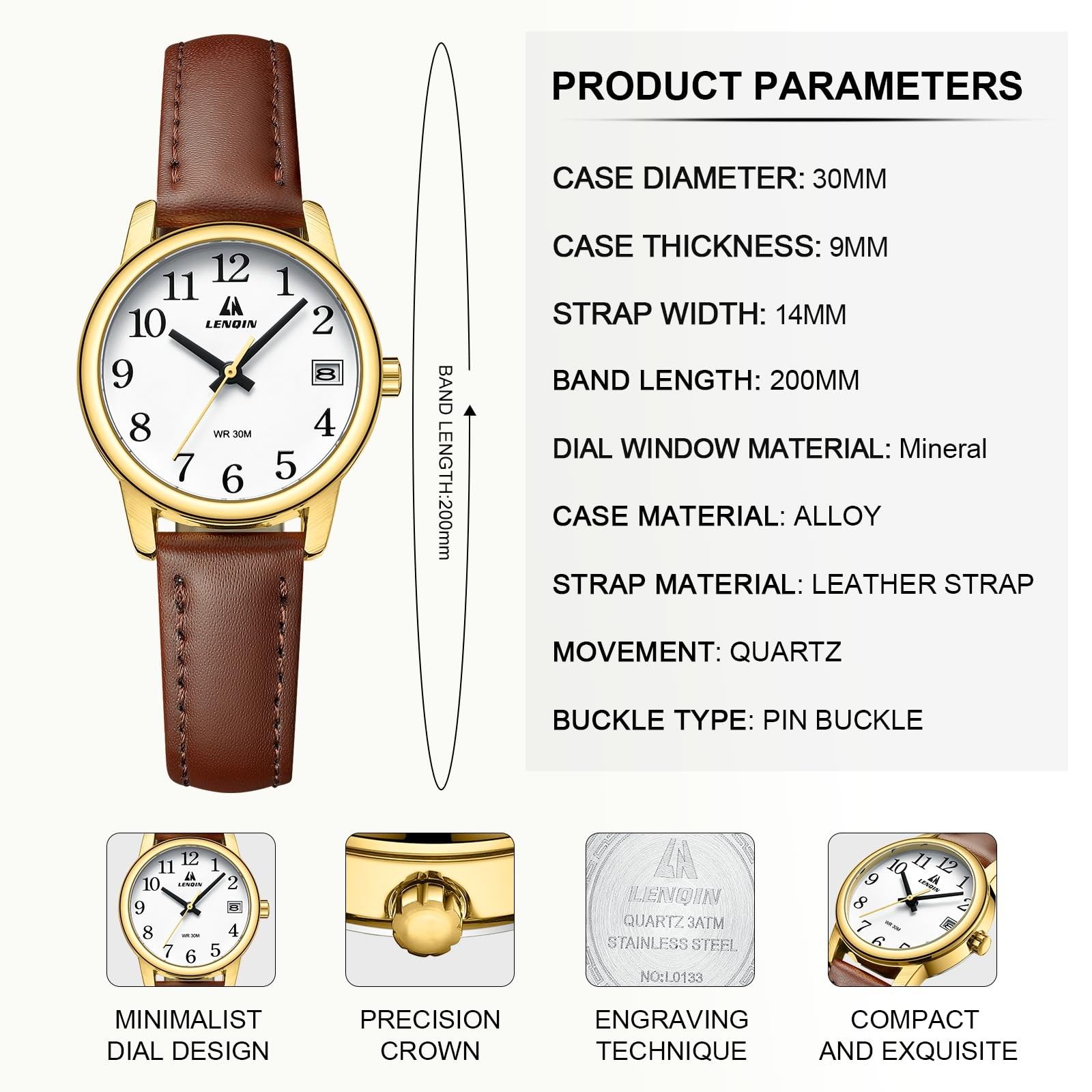 Women’s Analog Quartz Watch Dark Brown Leather Strap Easy Reader White 30mm 3ATM