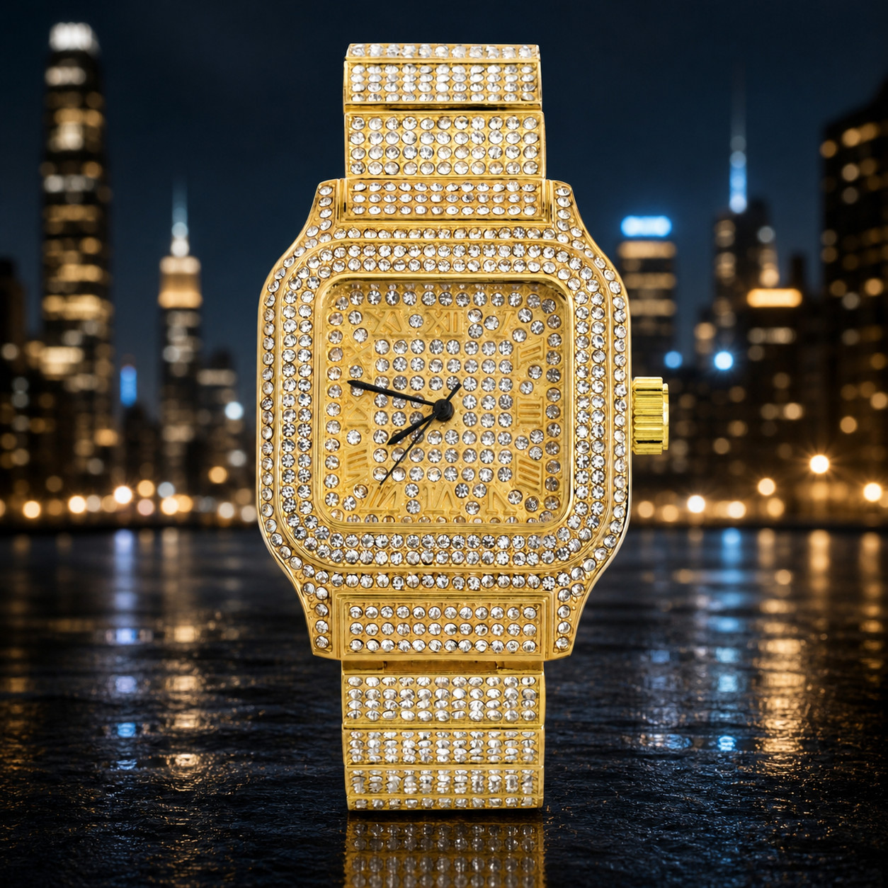 Men’s Gold Plated Bust Down Iced Square Metal Band Watch Luxury Hip Hop Bling