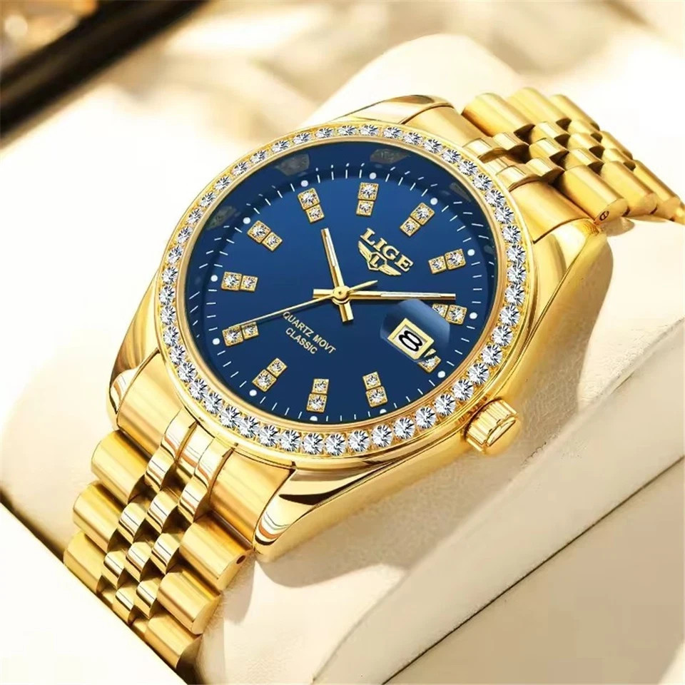 LIGE Men Quartz Watch Full Gold Steel Wristwatch Male Business with Date Watches