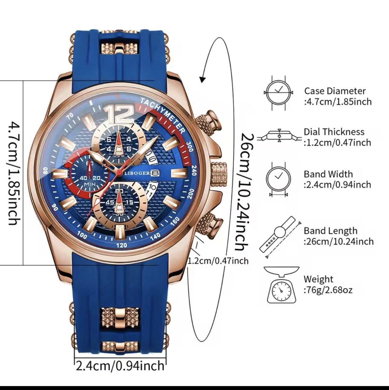 LIBOGER Men’s Chronograph Quartz Watch Tachymeter 47mm Blue Dial Silicone