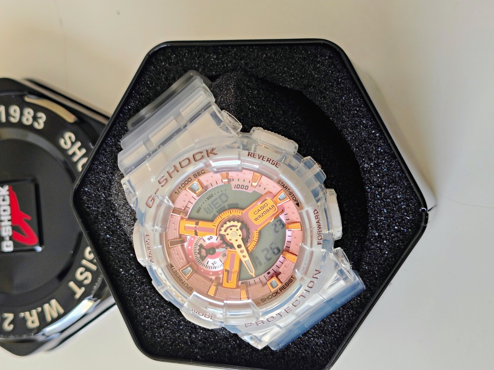 Casio G-SHOCK Analog-Digital Clear Resin Pink/Gray Dial 200m Quartz w/ Tin