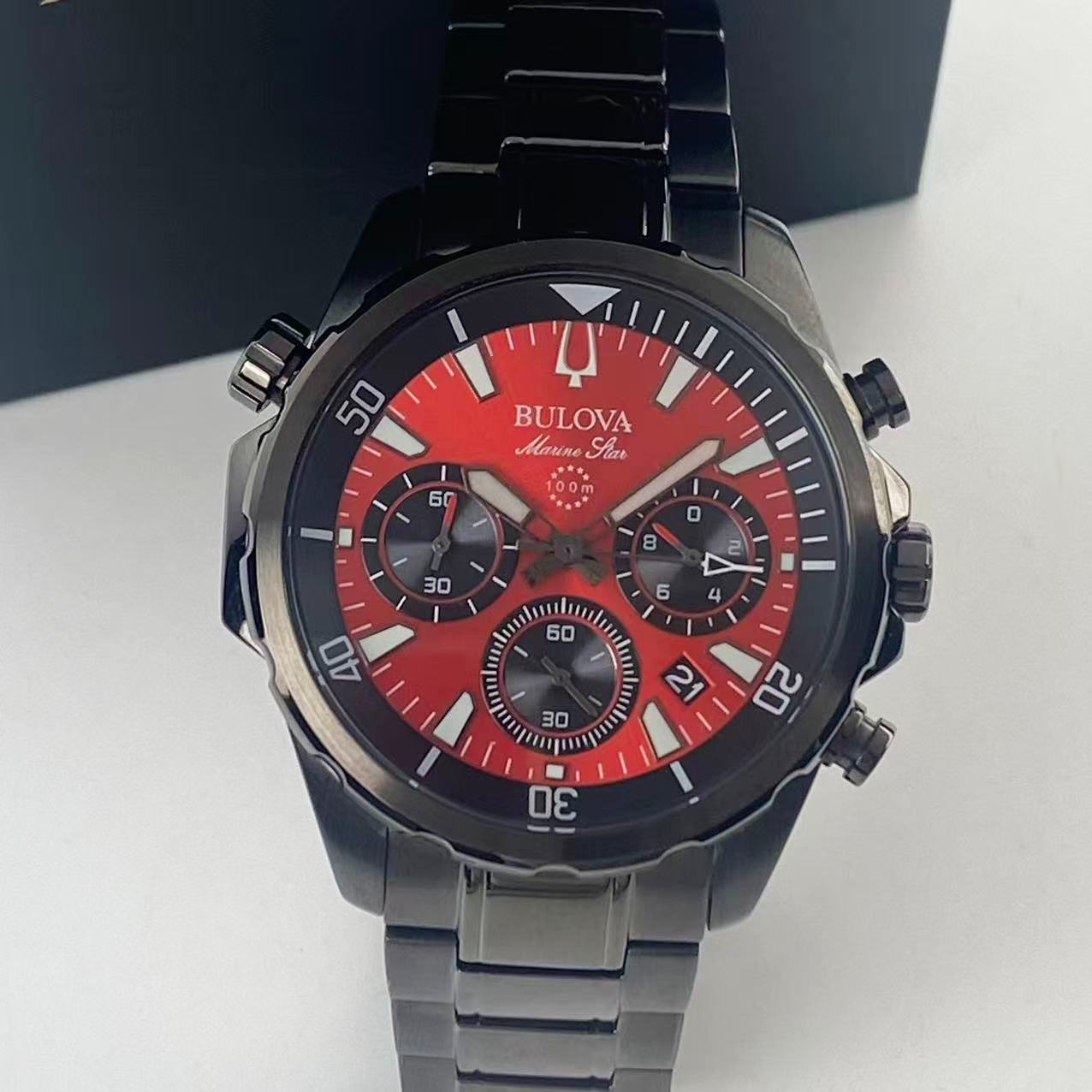 Bulova Marine Star 98B350 Men’s Chronograph Quartz Watch Red Dial Stainless 43mm