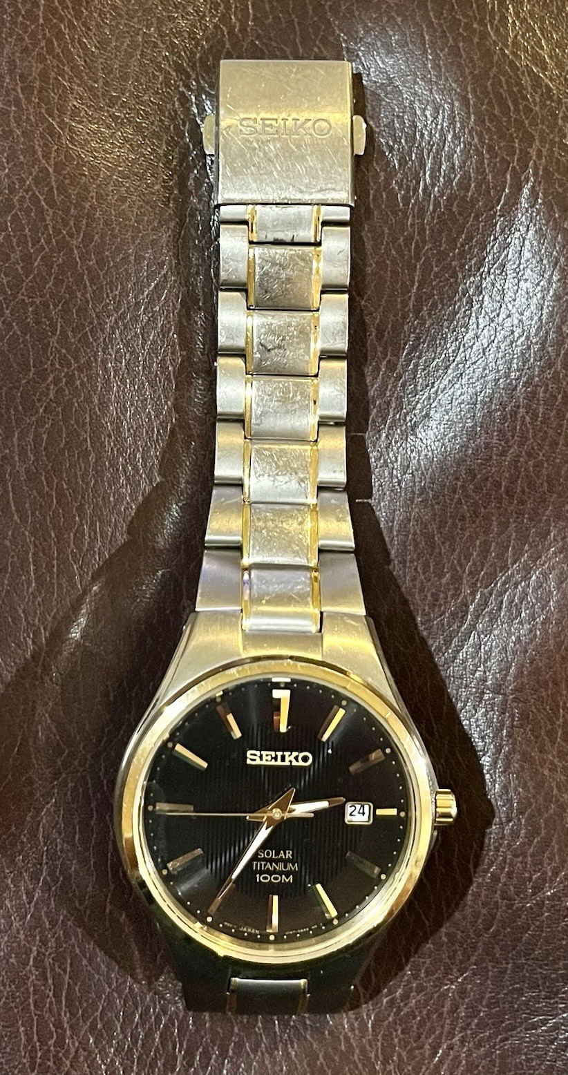 Seiko Solar Titanium 100m Black Dial Date Two-Tone Bracelet Analog Watch
