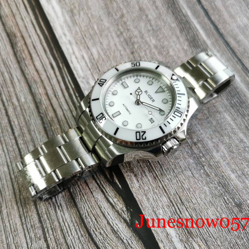 BLIGER White Dial Big Automatic Men Watch Brushed Strap Screw Crown Luminous