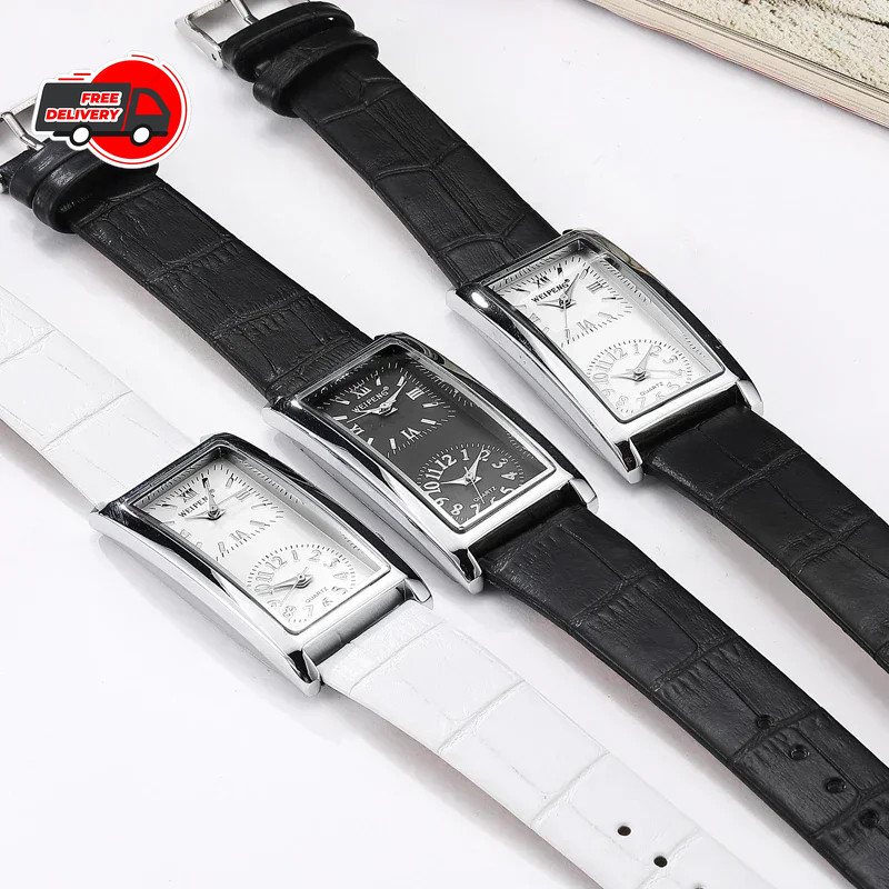 Dual Time Zone Men’s Women’s Quartz Rectangle Wrist Watch Black PU Leather Band