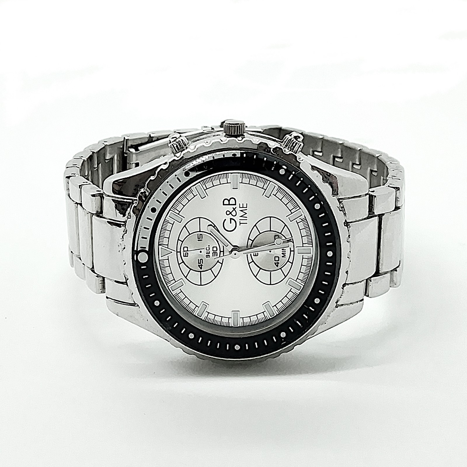 G & B Time Mens Watch Silver Tone Bracelet Folding Clasp Japan Movement