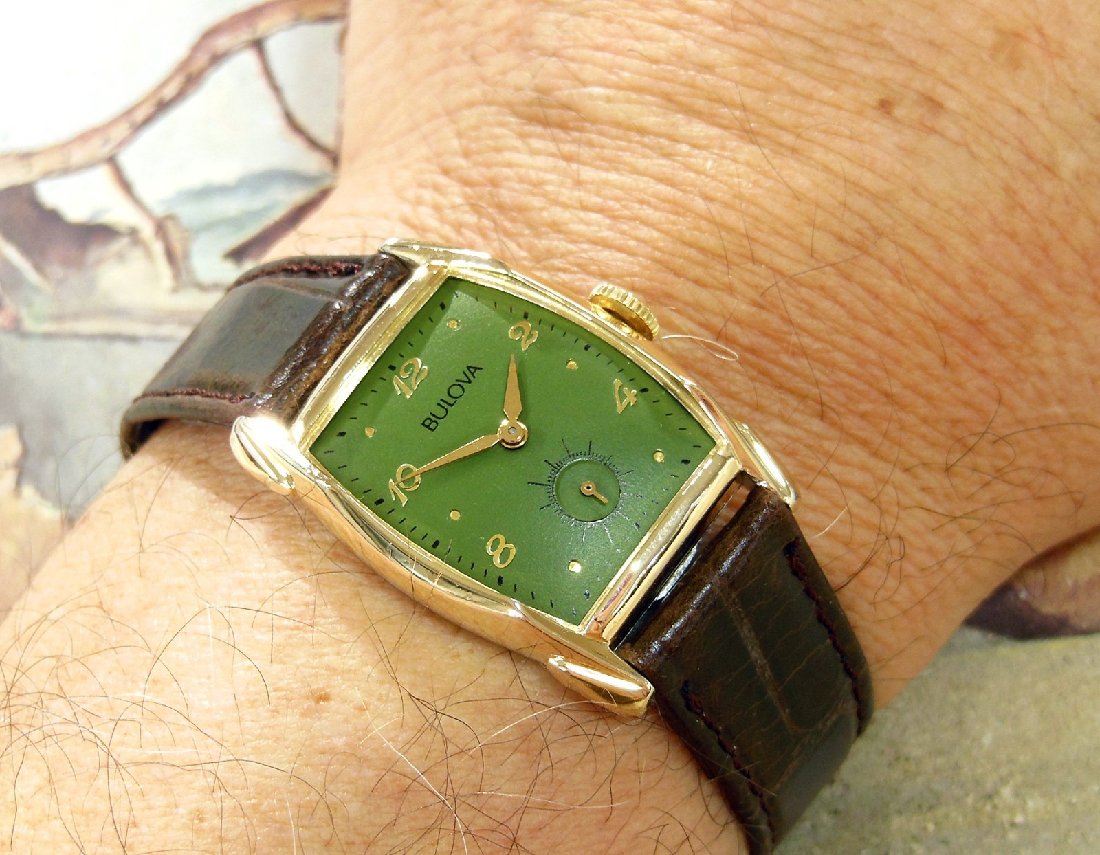 1951 Vintage BULOVA Fancy Case, Stunning GREEN Dial, Serviced & Warranty