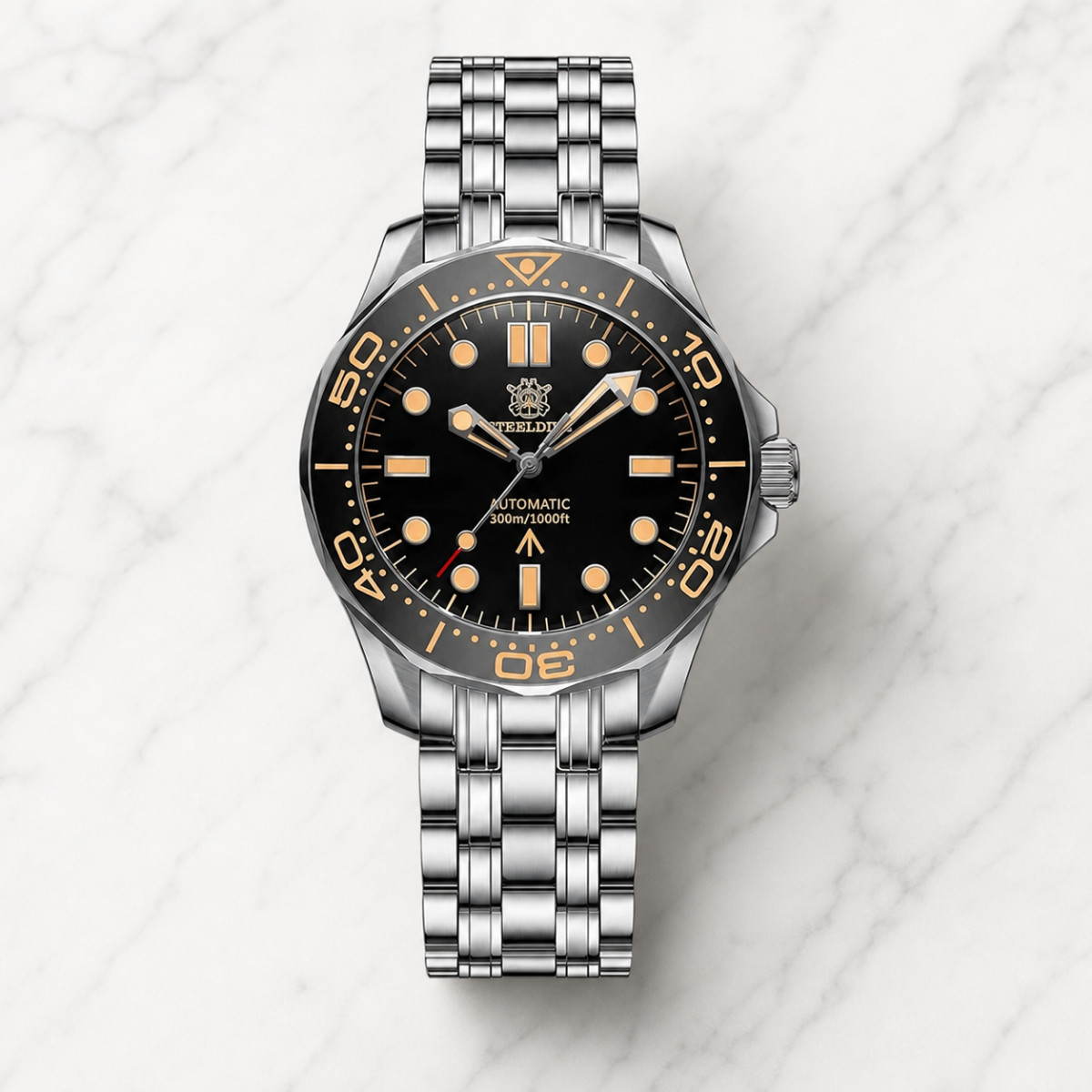 Men’s Stainless Diver Watch Black Orange Dial Luminous 300M Waterproof Steeldive