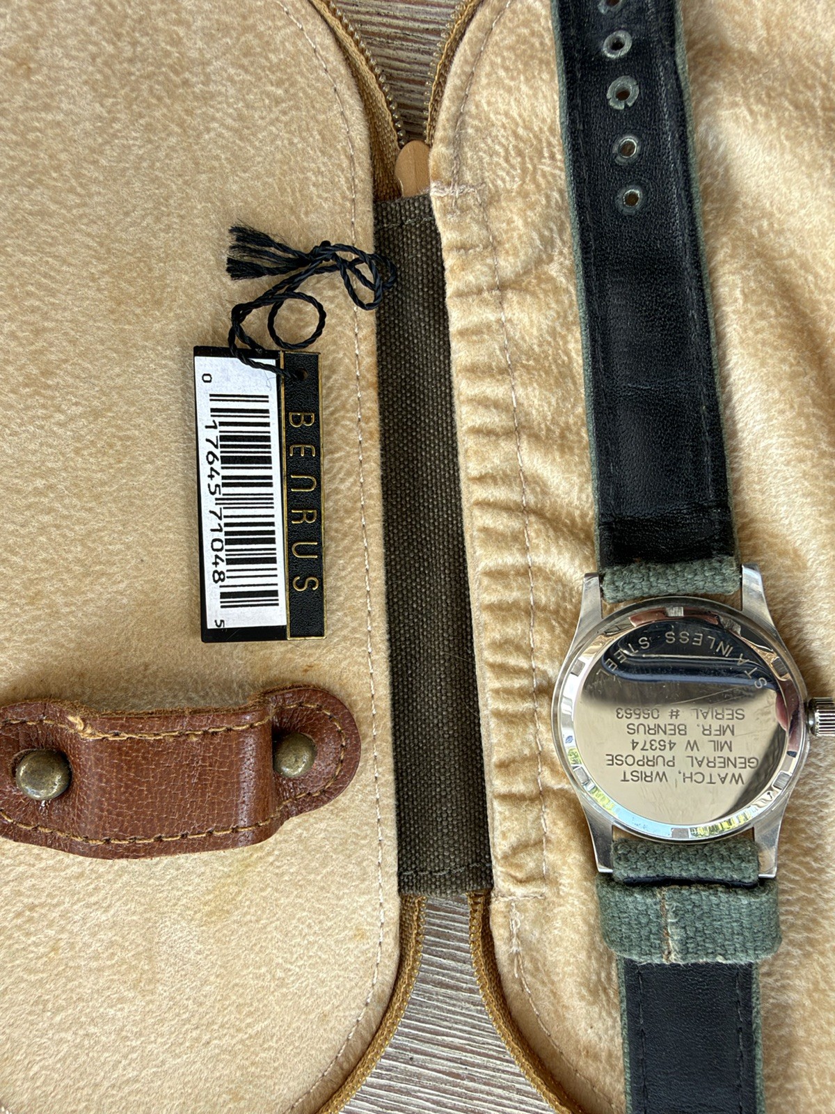 ORIGINAL BOX, CASE & PAPERS VINTAGE U.S. COMMMEMORATIVE BENRUS MILITARY WATCH NR