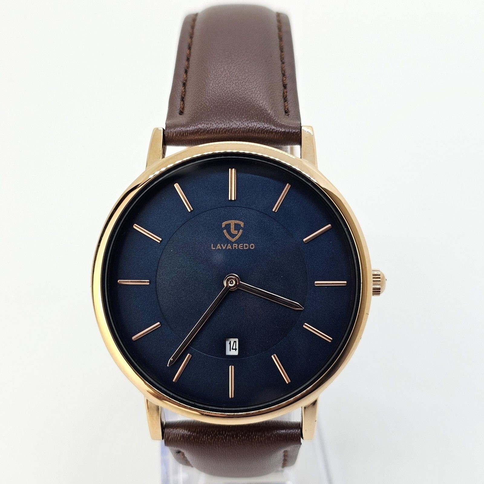Men’s Watch 40MM Gold Case Blue Dial Brown Leather Band Straps Date Indicator