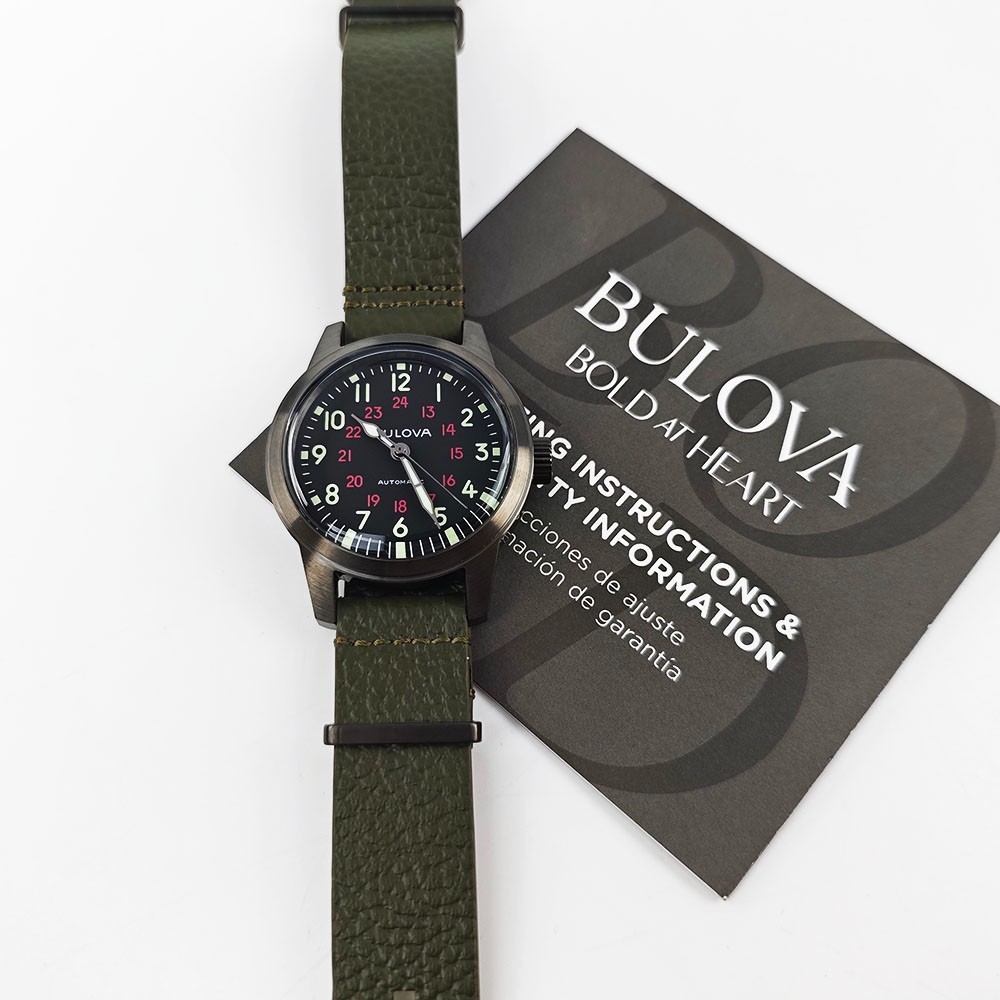 Bulova Hack 98A255 Black Dial Green Leather Strap Automatic Men’s 38MM Watch NEW