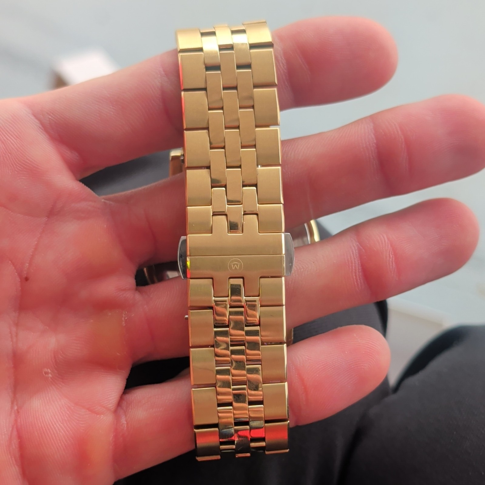 Movado Museum Classic Chronograph Quartz Date Black Dial Gold Bracelet Box