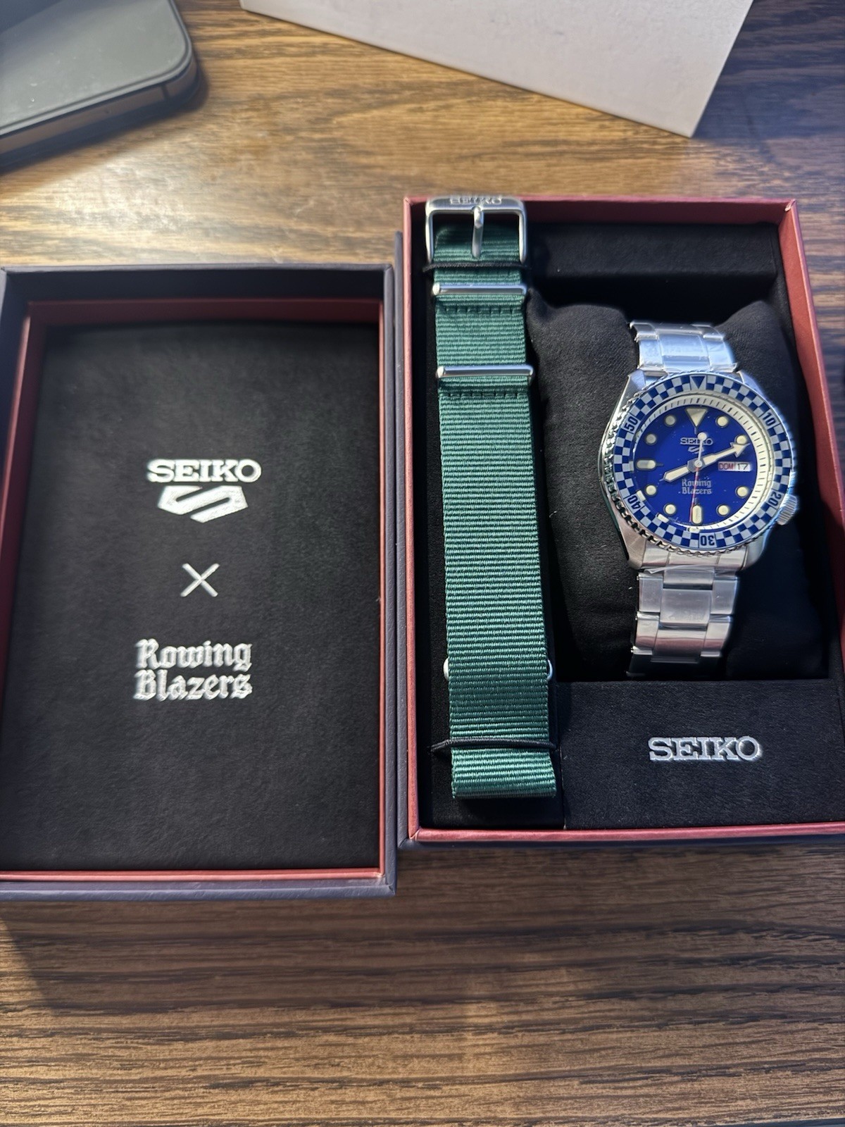 Seiko x Rowing Blazers Automatic Diver Blue Dial Day/Date Box + Green Strap