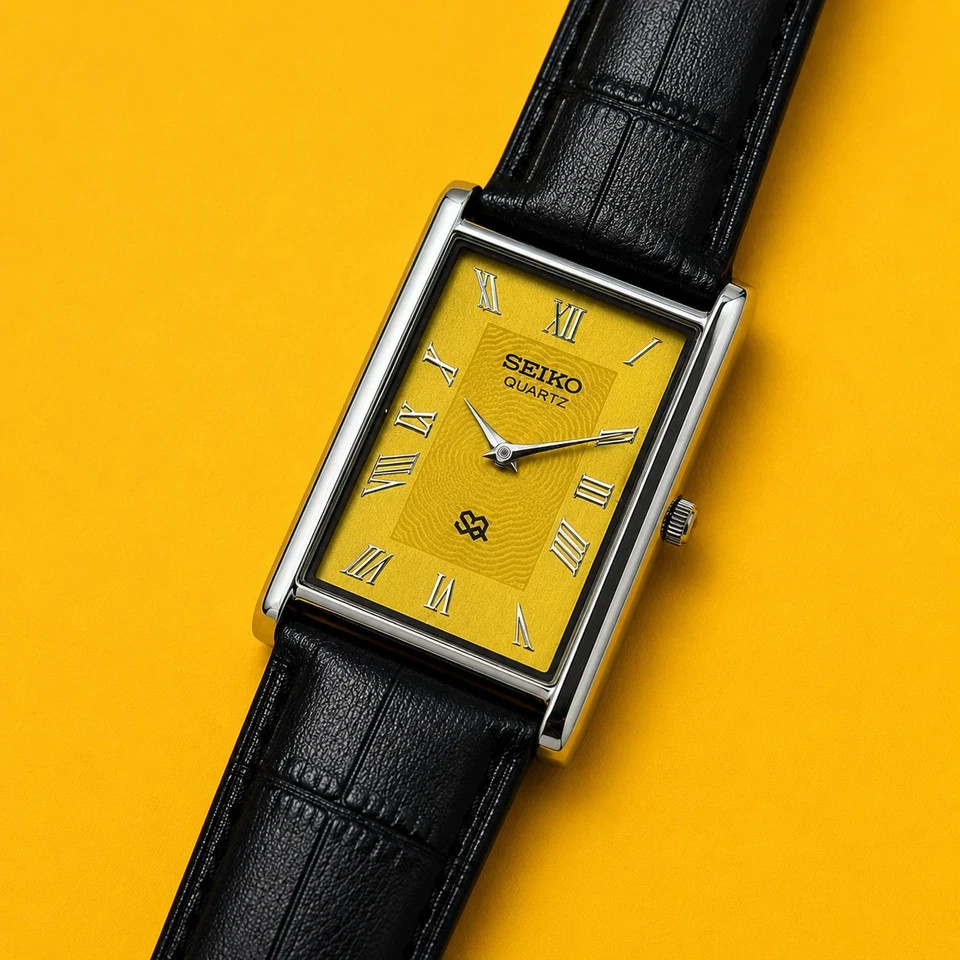 Vintage Refurbished Seiko Rectangular Yellow Dial Black Faux Leather Strap
