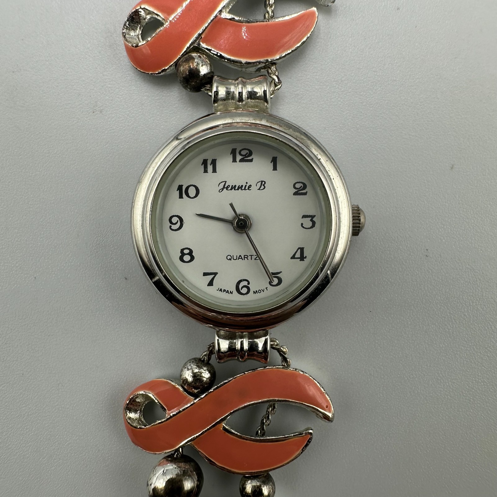 Vintage Jennie B Watch Breast Cancer Awareness Ribbon Band Silver Pink Works