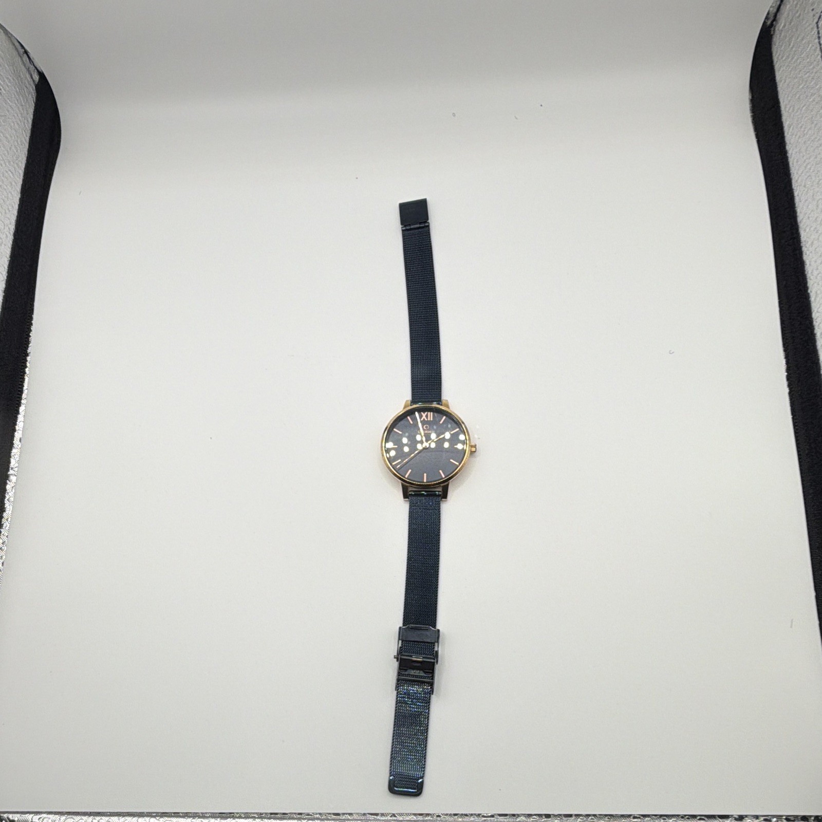 Obaku V209LXVLML Quartz Dress Watch Blue Dial Gold Case Black Mesh Bracelet