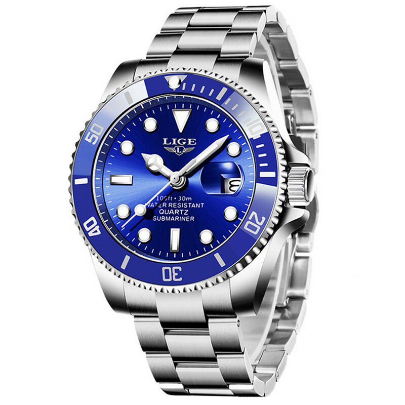 LIGE Men Quartz Watch Brand Luxury Silver Steel Wristwatch Business Male Watches