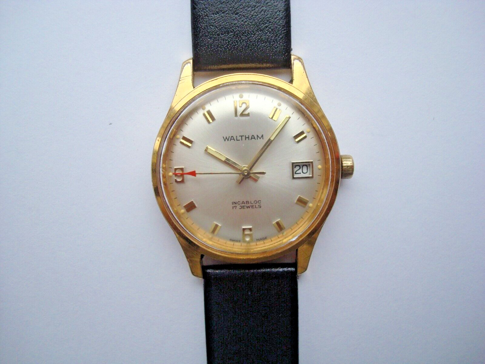 Waltham Mens Watch Manual Wind Up 17j. Date Red Arrow New Band 1960’s Swiss Runs