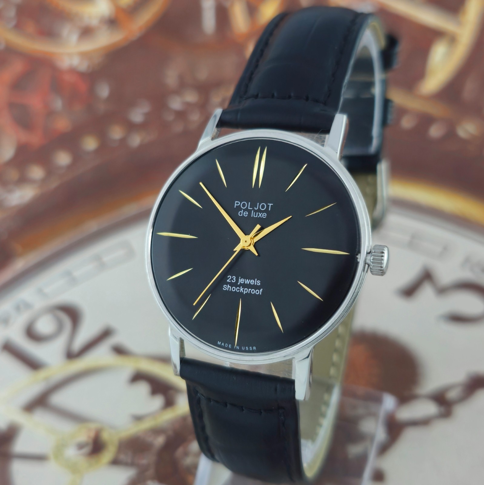 Poljot De Luxe ULTRA SLIM Soviet Wristwatch 2209 Black Dial Vintage Watch USSR