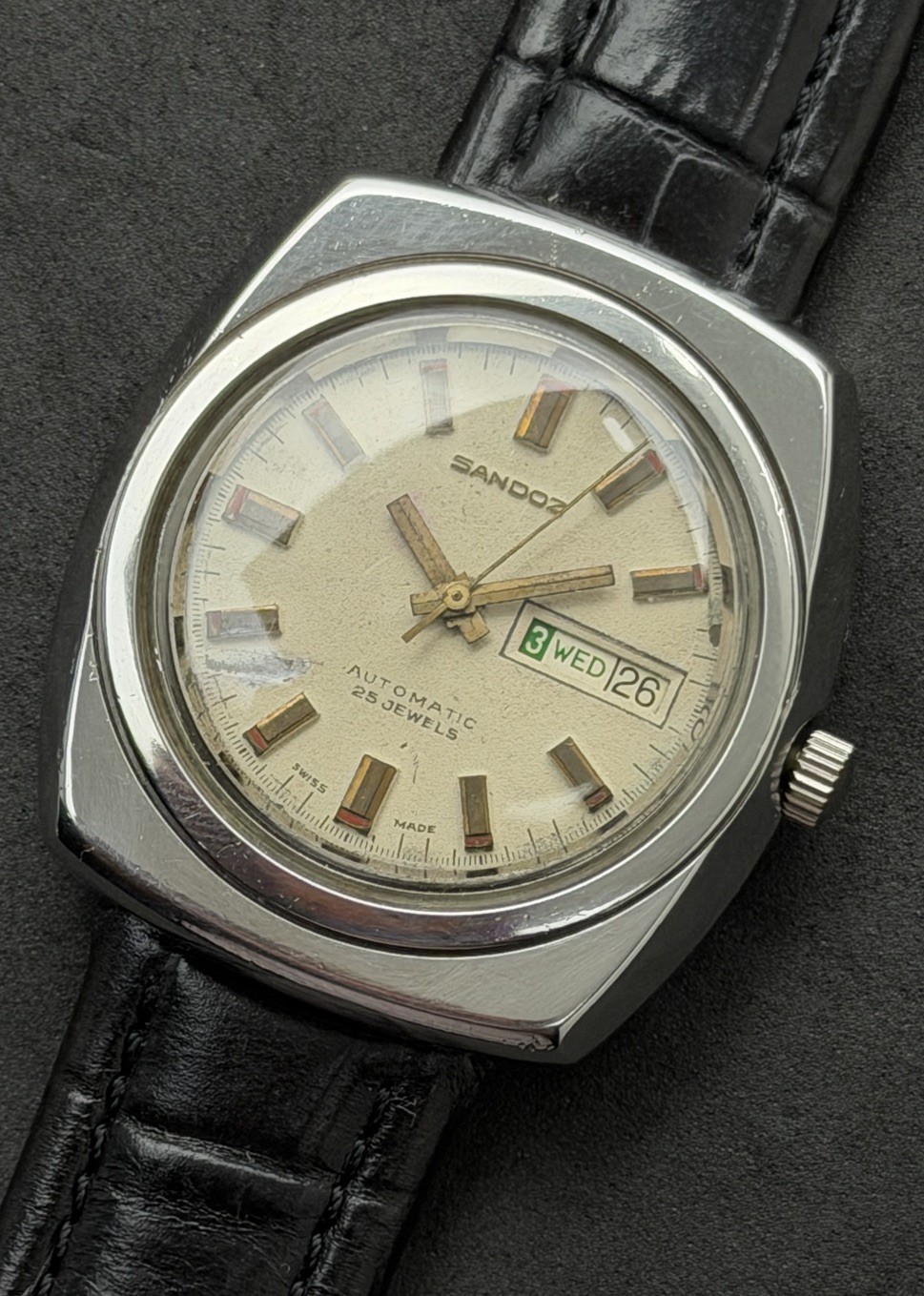 Vtg 1976 SANDOZ Day Date Men’s 40mm Automatic Watch 25 Jewels Steel Cream Dial