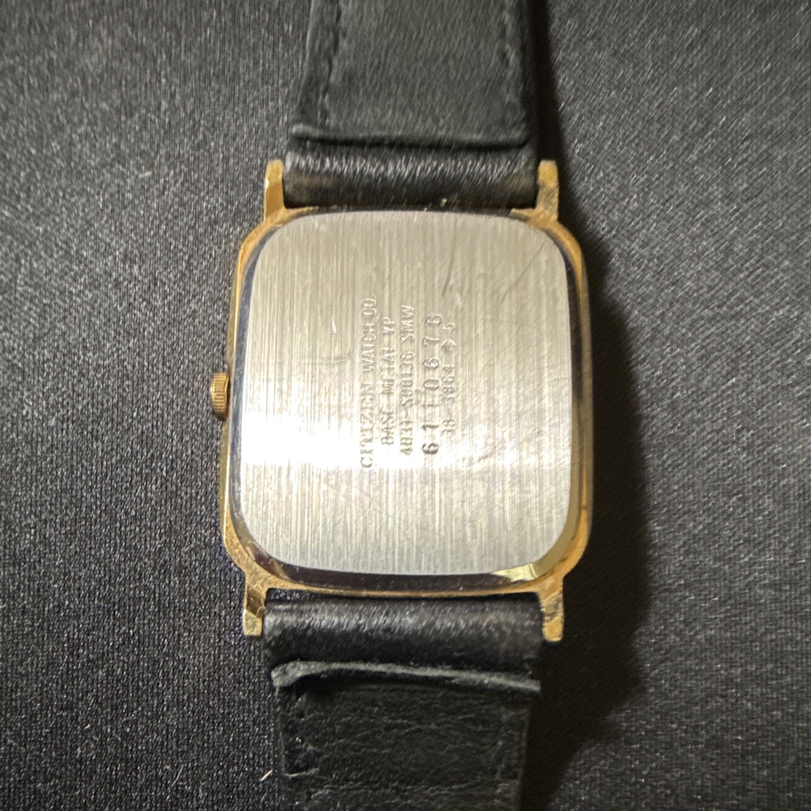 Citizen Quartz Mens Gold Tone Square Analog Watch Black Leather Strap