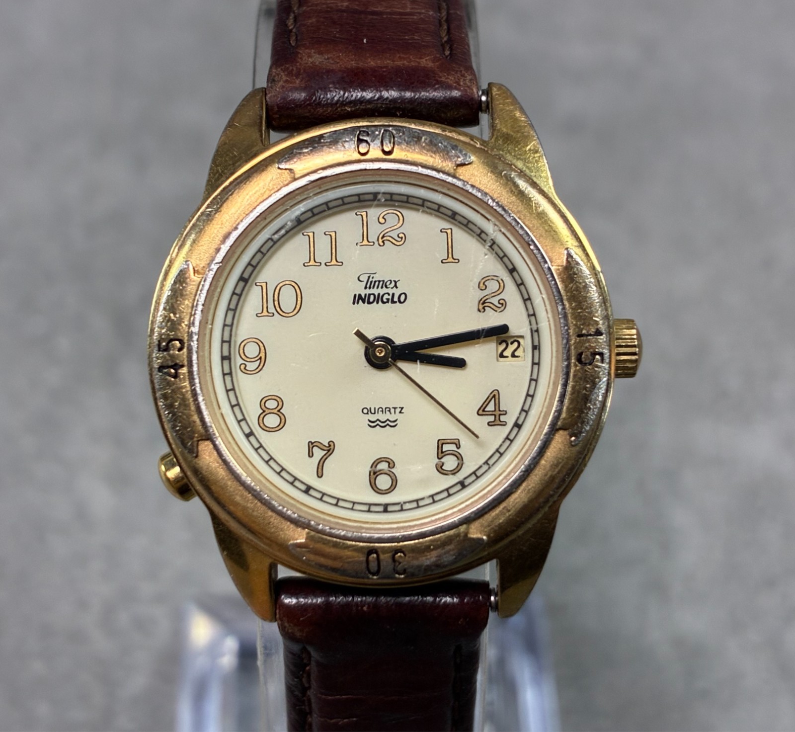 Timex Women’s Quartz Watch 27mm Gold Cream Dial Date Brown Leather 1996 Working