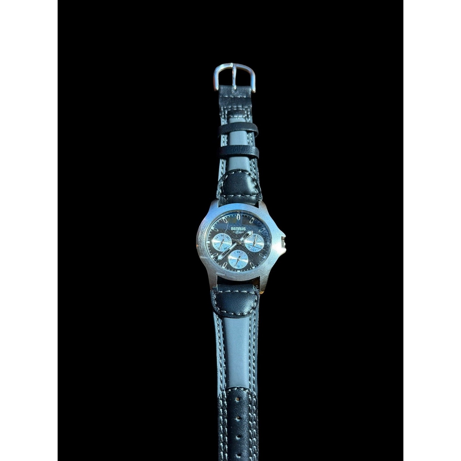 BENRUS B520M 334 Men’s Multifunction Quartz Watch Black Dial Leather Band 100FT